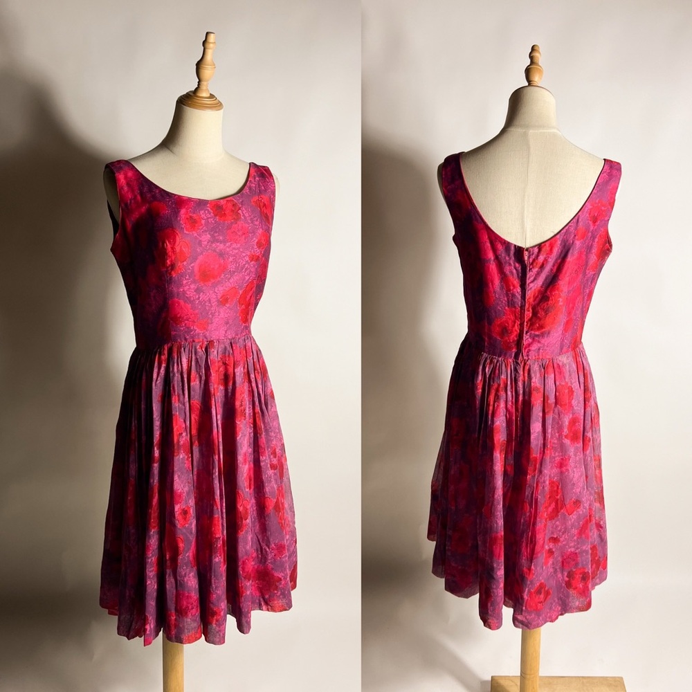 VINTAGE 1950’s Red Pink Sleeveless Fit & Flare Dress Union Made Modern 8